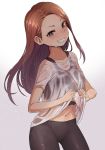  1girl bangs bike_shorts blush breasts brown_eyes brown_hair chiaki_rakutarou collarbone commentary_request cowboy_shot crop_top gradient gradient_background grin highres idolmaster idolmaster_(classic) lifted_by_self long_hair looking_at_viewer midriff minase_iori navel see-through shirt shirt_lift small_breasts smile solo stomach sweat swept_bangs tank_top teeth v-shaped_eyebrows wet wet_clothes wet_shirt white_shirt 
