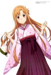  1girl absurdres aqua_inc. artist_name asuna_(sao) brown_eyes brown_hair cherry_blossom_print copyright_name floating_hair hair_between_eyes hakama highres holding japanese_clothes kimono long_hair long_sleeves looking_at_viewer pink_kimono pouch print_kimono purple_hakama simple_background smile solo sword_art_online very_long_hair white_background wide_sleeves 