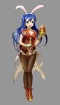  1girl alternate_costume animal_ears basket blue_eyes blue_hair bracelet commentary easter_egg egg fake_animal_ears fire_emblem fire_emblem:_fuuin_no_tsurugi fire_emblem_heroes full_body gloves grey_background highres holding jewelry keldancon lilina long_hair open_mouth pantyhose rabbit_ears simple_background solo 