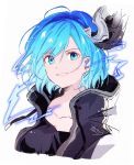  1girl ahoge bangs black_jacket black_shirt blue_eyes blue_hair breasts commentary copyright_request cropped_torso djeeta_(granblue_fantasy) djeeta_(granblue_fantasy)_(guider_to_the_eternal_edge) earrings eyebrows_visible_through_hair granblue_fantasy hair_between_eyes highres horn jacket jewelry looking_at_viewer medium_breasts open_clothes open_jacket parted_lips shirt signature simple_background smile sofra solo stud_earrings upper_body white_background 
