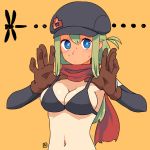  1girl adjusting_bra adjusting_clothes arm_warmers black_bra blue_eyes blush bra full-face_blush gloves green_hair hat long_hair muu_(mumumer) navel original scarf simple_background solo sweat underwear upper_body yunomiya_agari 