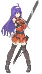  1girl ahoge arm_grab bare_shoulders belt black_footwear black_legwear blue_hair breasts commentary_request detached_sleeves eyebrows_visible_through_hair fingerless_gloves fire_emblem fire_emblem:_souen_no_kiseki full_body gloves green_eyes hair_between_eyes hairband headband holding holding_sword holding_weapon long_hair looking_at_viewer purple_hair red_gloves shiseki_hirame shoes simple_background smile solo standing sword thigh-highs wayu_(fire_emblem) weapon white_background white_hairband white_headband 