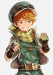  1boy b_gent bandana belt brown_gloves eyebrows_behind_hair fingerless_gloves fringe_trim gloves granblue_fantasy green_eyes green_headwear grin hair_between_eyes hands_up highres holding looking_at_viewer male_focus orange_hair plaid smile solo suiiru_(granblue_fantasy) v-shaped_eyebrows yo-yo 