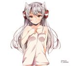  1girl amatsukaze_(kantai_collection) bare_shoulders collarbone commentary_request dated hair_tubes hama_(_hama000) highres kantai_collection long_hair naked_towel pout silver_hair simple_background solo towel twitter_username two_side_up upper_body white_background white_towel windsock 