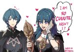  1boy 1girl armor blue_eyes blue_hair byleth closed_mouth commentary_request dated dual_persona english_text female_my_unit_(fire_emblem:_three_houses) fire_emblem fire_emblem:_three_houses fire_emblem_heroes heart intelligent_systems long_hair male_my_unit_(fire_emblem:_three_houses) my_unit_(fire_emblem:_three_houses) narcissism nintendo open_mouth short_hair simple_background t_keima twitter_username upper_body white_background 