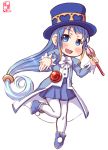  1girl alternate_costume artist_logo blue_coat blue_eyes blue_hair blue_skirt blush boots brooch buttons commentary_request cosplay dated eyebrows_visible_through_hair full_body fushigiboshi_no_futago_hime hair_between_eyes hair_flaps hat heart highres jewelry kanon_(kurogane_knights) kantai_collection long_hair long_sleeves look-alike looking_at_viewer neck_ribbon pantyhose rein rein_(cosplay) ribbon samidare_(kantai_collection) signature simple_background skirt solo staff top_hat very_long_hair white_background white_legwear white_ribbon 