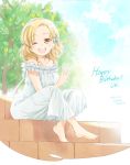  1girl ;d alternate_hairstyle anima_yell! bare_shoulders barefoot blue_sky bow casual character_name clouds cloudy_sky collarbone commentary_request dated day dress eyebrows_visible_through_hair food frilled_dress frills fruit hair_bow happy_birthday highres lemon long_hair looking_at_viewer one_eye_closed open_mouth outdoors round_teeth sawatari_uki signature sitting sitting_on_stairs sky sleeveless sleeveless_dress smile solo stairs sundress teeth tree unohana_tsukasa upper_teeth v white_dress yellow_eyes 