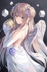  1girl angel angel_wings bangs blonde_hair blush breasts commentary cube dress elbow_gloves feathered_wings from_behind gloves hair_ribbon halo highres holding long_hair looking_at_viewer looking_back open_mouth original ribbon solo superpig two_side_up very_long_hair violet_eyes white_dress white_gloves wings 
