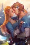  blonde_hair blue_eyes blue_tunic braid couple earrings fingerless_gloves finni_chang flower gloves hair_flower hair_ornament hairpin hetero highres hug jewelry link pointy_ears ponytail princess_zelda the_legend_of_zelda the_legend_of_zelda:_breath_of_the_wild tunic 