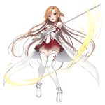  1girl asuna_(sao) braid breastplate breasts brown_eyes brown_hair cape detached_sleeves floating_hair full_body hair_between_eyes highres holding holding_sword holding_weapon long_hair long_sleeves looking_at_viewer miniskirt official_art open_mouth pleated_skirt red_skirt shiny shiny_hair shiny_skin skirt small_breasts solo sword sword_art_online thighs transparent_background very_long_hair waist_cape weapon white_cape white_footwear white_legwear white_sleeves 