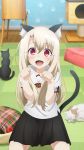  1girl :d absurdres animal_ear_fluff animal_ears black_skirt blush cat cat_ears cat_tail collarbone eyebrows_visible_through_hair fate/kaleid_liner_prisma_illya fate_(series) hair_between_eyes highres illyasviel_von_einzbern indoors kemonomimi_mode kneeling long_hair looking_at_viewer miniskirt official_art open_mouth paw_pose paw_print pleated_skirt red_eyes shiny shiny_hair shirt short_sleeves silver_hair skirt smile solo tail white_shirt 