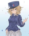  1girl arutoria_(187497382) bc_freedom_military_uniform blonde_hair blue_eyes blue_jacket blue_vest blush confetti eyebrows_visible_through_hair girls_und_panzer hand_up hat high_collar jacket long_sleeves looking_at_viewer medium_hair messy_hair military oshida_(girls_und_panzer) pleated_skirt shako_cap simple_background skirt smile uniform vest white_skirt 