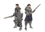  1boy 1girl absurdres armor boots braid brown_hair chainmail check_commentary commentary_request expressionless fantasy gauntlets highres holding holding_shield holding_sword holding_weapon shield short_hair skirt sonech standing sword weapon 