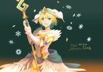  1girl bare_shoulders blonde_hair blue_eyes blue_flower blue_hair bridal_veil bride bride_(fire_emblem) character_name collarbone commentary_request crown dress earrings eyebrows_visible_through_hair fire_emblem fire_emblem_heroes fjorm_(fire_emblem_heroes) flower gradient_hair hair_between_eyes hair_flower hair_ornament holding holding_staff jewelry looking_at_viewer multicolored_hair open_mouth petals shoochiku_bai short_hair smile snowflakes solo staff twitter_username veil weapon wedding_dress white_dress 