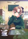  1girl :&lt; adjusting_hair akigumo_(kantai_collection) black_bow black_ribbon blue_flower blurry blurry_foreground blush bow brown_hair cabinet cafe cake ceiling_fan chalkboard chocolate_cake commentary_request cup depth_of_field drawing_tablet drink english_text flower food green_eyes green_sweater hair_bow hand_in_hair hand_up herb_bundle holding holding_stylus indoors kantai_collection long_hair long_sleeves matatabi_yosi mole mole_under_eye orange_flower plant plate ponytail purple_flower red_flower ribbon saucer slice_of_cake solo spoon stylus sweater table teacup turtleneck turtleneck_sweater vase yellow_flower 