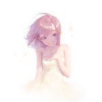  1girl absurdres ahoge breasts charles_(106858) commentary dress eyelashes hand_on_own_chest happy highres looking_to_the_side original pink_hair shaded_face shadow simple_background small_breasts smile solo standing teeth violet_eyes white_background white_dress wind 