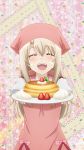  1girl :d absurdres apron blush closed_eyes cream cream_on_face eyebrows_visible_through_hair fate/kaleid_liner_prisma_illya fate_(series) food food_on_face hair_between_eyes highres holding holding_plate illyasviel_von_einzbern long_hair official_art open_mouth pink_apron plaid_sailor_collar plate red_ribbon ribbon shiny shiny_hair shirt silver_hair smile solo upper_body white_shirt 