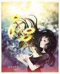 1girl artist_name black_hair black_shirt brown_hair closed_mouth commentary english_commentary eyelashes flower hands_up highres holding holding_flower leaf long_hair original say_hana shirt short_sleeves solo sunflower translation_request 