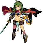  1girl ahoge armor bikini_armor bikini_top bright_pupils cape expressionless fur_trim gold_trim green_hair hero_(sekaiju) himukai_yuuji holding holding_sword holding_weapon long_hair looking_at_viewer official_art red_cape scabbard sekaiju_no_meikyuu sekaiju_no_meikyuu_x sheath shield simple_background solo standing sword violet_eyes weapon white_background 