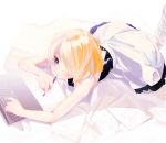  1girl bad_fantia_id bad_id bangs bare_shoulders bed_sheet blonde_hair blush character_request closed_mouth computer dress eyebrows_visible_through_hair foot_up hair_over_one_eye highres holding honryou_wa_naru keyboard kneehighs laptop lying on_stomach paper pen shiny shiny_hair short_hair sleeveless sleeveless_dress solo violet_eyes white_dress white_legwear 
