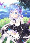  1girl :d animal apron bangs black_dress black_sleeves blue_eyes blue_flower blue_hair blurry blurry_background blurry_foreground blush bug butterfly commentary depth_of_field detached_sleeves dress fingernails flower frilled_dress frills hair_between_eyes hair_ornament hair_ribbon hairclip highres insect juliet_sleeves long_sleeves natsumii_chan open_mouth pantyhose puffy_sleeves purple_flower purple_ribbon re:zero_kara_hajimeru_isekai_seikatsu red_flower rem_(re:zero) ribbon short_hair sleeves_past_wrists smile solo spring_(season) symbol_commentary waist_apron water white_apron white_legwear wide_sleeves x_hair_ornament yellow_flower 