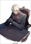  1boy antonio_salieri_(fate/grand_order) black_gloves blonde_hair closed_mouth commentary_request desk expressionless fate/grand_order fate_(series) formal gloves hair_between_eyes hands_together kei-suwabe long_sleeves looking_at_viewer male_focus pinstripe_suit red_eyes red_scarf scarf short_hair silver_hair sitting solo striped suit twitter_username 