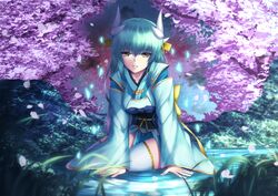  1girl aqua_hair aqua_kimono dragon_girl dragon_horns eyebrows_visible_through_hair fate/grand_order fate_(series) horns japanese_clothes kimono kiyohime_(fate/grand_order) long_hair looking_at_viewer mishiro0229 night night_sky obi outdoors pelvic_curtain sash sky solo thigh-highs tree_branch white_legwear wide_sleeves yellow_eyes 