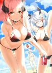  3girls ;9 anger_vein antenna_hair arm_under_breasts armpits arms_behind_head artist_name azur_lane bangs beach bikini black_nails blonde_hair blue_eyes blue_sky blush breasts brown_eyes can choker clouds commentary cross cross_earrings day earrings eyebrows_visible_through_hair hair_between_eyes headgear holding holding_can jewelry large_breasts leaning_forward long_hair looking_at_viewer multicolored_hair multiple_girls nail_polish nevblindarts ocean one_eye_closed outdoors prinz_eugen_(azur_lane) prinz_eugen_(unfading_smile)_(azur_lane) redhead ribbon roon_(azur_lane) sand sandals short_hair sidelocks silver_hair sky smile streaked_hair swimsuit tirpitz_(azur_lane) tongue tongue_out two_side_up very_long_hair wet white_bikini 