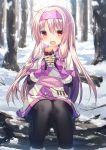 1girl :d ainu_clothes bangs black_gloves black_legwear blush commentary craytm day english_commentary eyebrows_visible_through_hair fate/grand_order fate_(series) fingerless_gloves food fur-trimmed_gloves fur_trim gloves hair_between_eyes hair_tubes hairband highres holding holding_food illyasviel_von_einzbern light_brown_hair long_hair open_mouth outdoors pantyhose pink_hairband red_eyes short_sleeves sitonai sitting smile snow solo steam sweet_potato tree very_long_hair 