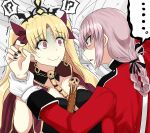  !? ... 2girls alternate_hair_color arm_grab black_nails blonde_hair braid check_commentary commentary commentary_request crown earrings ereshkigal_(fate/grand_order) eyebrows_visible_through_hair fate/grand_order fate/stay_night fate_(series) florence_nightingale_(fate/grand_order) glaring gloves highres jewelry lavender_hair long_hair long_sleeves looking_at_another military military_uniform multiple_girls nail_polish rakku_(10219563) red_eyes red_ribbon ribbon scared single_braid skull spine spoken_ellipsis tearing_up tohsaka_rin toosaka_rin trembling type-moon ufotable uniform wavy_mouth wrist_grab 