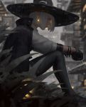  1girl absurdres black_gloves black_legwear blue_eyes bob_cut cape cigarette commentary earrings from_side gloves glowing glowing_earrings guweiz hat high_collar highres jewelry lips nose original outdoors rain sitting smoking solo thigh-highs white_hair witch_hat 