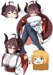 &gt;_&lt; &gt;_o 2girls absurdres ahoge anne_(shingeki_no_bahamut) ass bangs black_legwear blonde_hair blush blush_stickers breasts brown_eyes brown_hair brown_wings center_frills chibi closed_eyes closed_mouth commentary_request covered_mouth cropped_torso dragon_girl dragon_horns dragon_tail dragon_wings eyebrows_visible_through_hair frills grea_(shingeki_no_bahamut) green_eyes hair_between_eyes heart highres horns long_sleeves looking_at_viewer manaria_friends medium_breasts moyoron multiple_girls no_shoes off_shoulder one_eye_closed panties pillow pillow_hug pointy_ears shingeki_no_bahamut shirt simple_background sitting sleeves_past_wrists star tail thigh-highs thumbs_up underwear upper_body wavy_mouth white_background white_panties white_shirt wings 