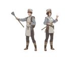  1boy 1girl absurdres apron backpack bag belt_pouch boots braid brown_footwear brown_hair closed_eyes fantasy highres holding holding_weapon long_sleeves mace open_mouth pants pouch short_hair simple_background sonech standing weapon white_background white_headwear 