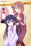  2girls absurdres bangs blush brown_hair dress eyebrows_visible_through_hair gym_uniform hair_between_eyes hair_brush hair_brushing hair_over_one_eye highres holding_brush hoshino_miyako_(wataten) long_hair megami multiple_girls official_art purple_hair red_eyes school_uniform shirosaki_hana sweater tagme very_long_hair violet_eyes watashi_ni_tenshi_ga_maiorita! 