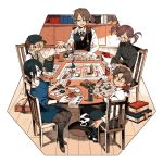  2girls 3boys black_hair blonde_hair book bottle brown_hair cabbie_hat can chair hat indoors multiple_boys multiple_girls newo_(shinra-p) original pantyhose pointing ponytail ribbed_sweater round_eyewear sitting suspenders sweatdrop sweater table tabletop_rpg twintails vest watch watch 