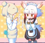  2girls absurdres alpaca_ears alpaca_suri_(kemono_friends) alpaca_tail alternate_costume animal_ears apron bangs bird_tail bird_wings blunt_bangs blush commentary cowboy_shot empty_eyes enmaided extra_ears eyebrows_visible_through_hair flying_sweatdrops frills fur-trimmed_sleeves fur_collar fur_trim furrowed_eyebrows hair_bun hands_up head_wings heart heart_background highres holding holding_tray horizontal_pupils japanese_crested_ibis_(kemono_friends) kemono_friends kneehighs legwear_under_shorts long_hair long_sleeves looking_at_another looking_down maid maid_apron maid_headdress medium_hair multicolored_hair multiple_girls open_mouth pantyhose rakugakiraid redhead short_over_long_sleeves short_sleeves shorts sidelocks smile standing striped striped_legwear sweater sweater_vest tail translation_request tray waist_apron white_hair white_legwear wings yellow_eyes 