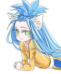  1girl :3 animal_ears big_hair blue_hair blush_stickers cat_ears cat_girl chrono_trigger commentary_request dress green_eyes long_hair looking_at_viewer queen_zeal s-a-murai simple_background smile solo white_background younger 
