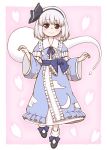  1girl blue_eyes bow closed_mouth commentary_request cosplay dress full_body hair_bow konpaku_youmu konpaku_youmu_(ghost) long_sleeves looking_at_viewer medium_hair poronegi saigyouji_yuyuko saigyouji_yuyuko_(cosplay) smile socks solo touhou white_hair white_legwear wide_sleeves 