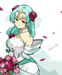  1girl aqua_eyes aqua_hair bouquet breasts bride bride_(fire_emblem) closed_mouth commentary_request dress fire_emblem fire_emblem:_akatsuki_no_megami fire_emblem:_souen_no_kiseki fire_emblem_heroes flower hair_flower hair_ornament holding holding_bouquet long_hair medium_breasts petals sigrun simple_background smile solo twitter_username wedding_dress white_background white_dress yukia_(firstaid0) 