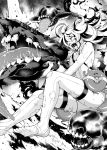  1girl bangs blood blood_on_face breasts commentary enemy_lifebuoy_(kantai_collection) escort_water_hime explosion fangs glowing greyscale highres kantai_collection lifebuoy long_hair monochrome open_mouth shinkaisei-kan solo teeth tenshin_amaguri_(inobeeto) thigh-highs toeless_legwear tongue tongue_out torn_clothes torn_legwear twintails water 