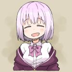  1girl :d =_= bangs blush_stickers bow breasts brown_background closed_eyes collared_shirt cropped_torso dot_nose dress_shirt eyebrows_visible_through_hair facing_viewer jacket medium_breasts nekotoufu off_shoulder open_mouth pink_bow pink_hair purple_jacket shinjou_akane shirt smile solo ssss.gridman upper_body white_shirt |d 