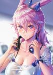 1girl animal_ears bangs black_bra blurry blurry_background blush bra breasts commentary_request eyebrows_visible_through_hair fox_ears gotointhepark gym hair_between_eyes hair_flaps hair_ornament headphones headphones_removed highres holding_headphones honkai_(series) honkai_impact_3rd indoors large_breasts long_hair looking_at_viewer messy_hair nontraditional_miko pink_hair shirt solo sweat underwear upper_body very_long_hair violet_eyes wet wet_clothes wet_shirt yae_sakura 