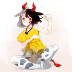  animal_ears animal_print artist_request bare_shoulders blush bottle breast_hold breasts commentary covered_nipples cow_ears cow_horns cow_print cow_tail horns huge_breasts looking_at_viewer milk_bottle pantyhose skirt solo tail touhou ushizaki_urumi yellow_skirt 