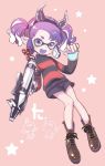  1girl amezawa_koma ankle_boots bangs black_shorts boots brown_footwear commentary cross-laced_footwear demon_horns domino_mask dutch_angle fake_horns fangs full_body head_tilt holding holding_weapon horns inkling jellyfish logo long_sleeves mask pink_background pointy_ears purple_hair purple_tongue red_sweater short_shorts short_twintails shorts sidelocks smile solo splatoon_(series) splatoon_2 splattershot_pro_(splatoon) standing star starry_background striped striped_sweater sweater tentacle_hair twintails violet_eyes weapon 