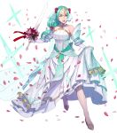  1girl aqua_eyes aqua_hair bare_shoulders breasts bridal_veil bride collarbone dress feather_trim fire_emblem fire_emblem:_souen_no_kiseki fire_emblem_heroes flower full_body hair_ornament halterneck headpiece high_heels highres holding holding_sword holding_weapon long_hair looking_away medium_breasts official_art open_mouth petals pikomaro shiny shiny_hair sigrun skirt_hold solo sword transparent_background veil weapon wedding_dress white_dress 