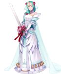  1girl aqua_eyes aqua_hair bare_shoulders bridal_veil bride closed_mouth collarbone dress feather_trim fire_emblem fire_emblem:_souen_no_kiseki fire_emblem_heroes flower full_body hair_ornament headpiece highres holding holding_sword holding_weapon long_hair looking_at_viewer official_art pikomaro sigrun smile solo standing sword transparent_background veil weapon wedding_dress white_dress 