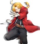  1boy ahoge belt black_jacket black_pants black_shirt blade blonde_hair boots braid braided_ponytail brown_footwear cape edward_elric fullmetal_alchemist gloves grin hair_intakes highres hood hood_down hooded imo_(evekelu-111) jacket leg_up long_hair looking_at_viewer male_focus pants red_cape shirt simple_background single_braid smile solo standing standing_on_one_leg white_background white_gloves yellow_eyes 