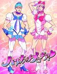  2boys anger_vein aosa_(tatanteeeeeeno) blue_hair bow cosplay crossdressinging cure_blossom cure_blossom_(cosplay) cure_marine cure_marine_(cosplay) ghiaccio glasses hair_bow heartcatch_precure! jojo_no_kimyou_na_bouken long_hair magical_girl male_focus mask melone multiple_boys parody precure purple_hair vento_aureo 