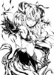  1girl alisfieze_fateburn_xvi breasts commentary_request cowboy_shot elbow_gloves flower gloves greyscale hair_between_eyes hair_flower hair_ornament horns jitsu_shizu long_hair looking_at_viewer mon-musu_quest! mon-musu_quest:_paradox monochrome monster_girl pointy_ears simple_background sketch skirt small_breasts smirk solo tentacles upper_body white_background 