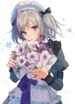  1girl alternate_costume apron blush bouquet ciloranko commentary_request dress english_text flower frilled_dress frilled_skirt frilled_sleeves frills girls_frontline grey_hair maid maid_apron maid_headdress skirt thompson/center_contender_(girls_frontline) twintails violet_eyes 